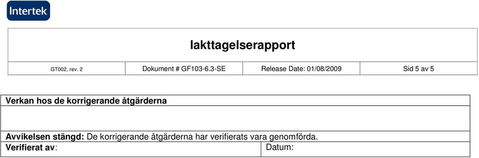 de korrigerande åtgärderna Avvikelsen stängd: De