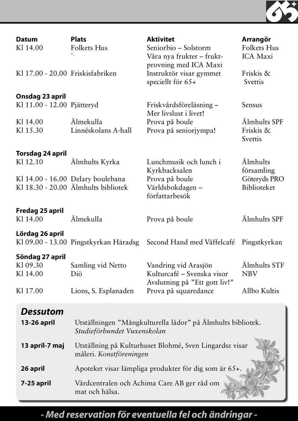 00 Älmekulla Prova på boule Älmhults SPF Kl 15.30 Linnéskolans A-hall Prova på seniorjympa! Friskis & Svettis Torsdag 24 april Kl 12.