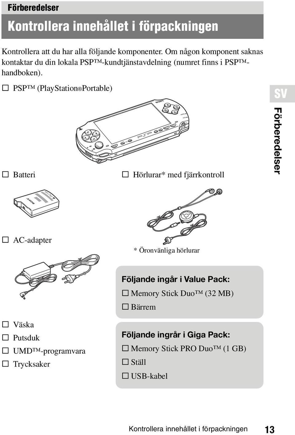 s PSP (PlayStation Portable) SV s Batteri O HOME s Hörlurar* med fjärrkontroll Förberedelser s AC-adapter * Öronvänliga hörlurar s Väska s Putsduk s