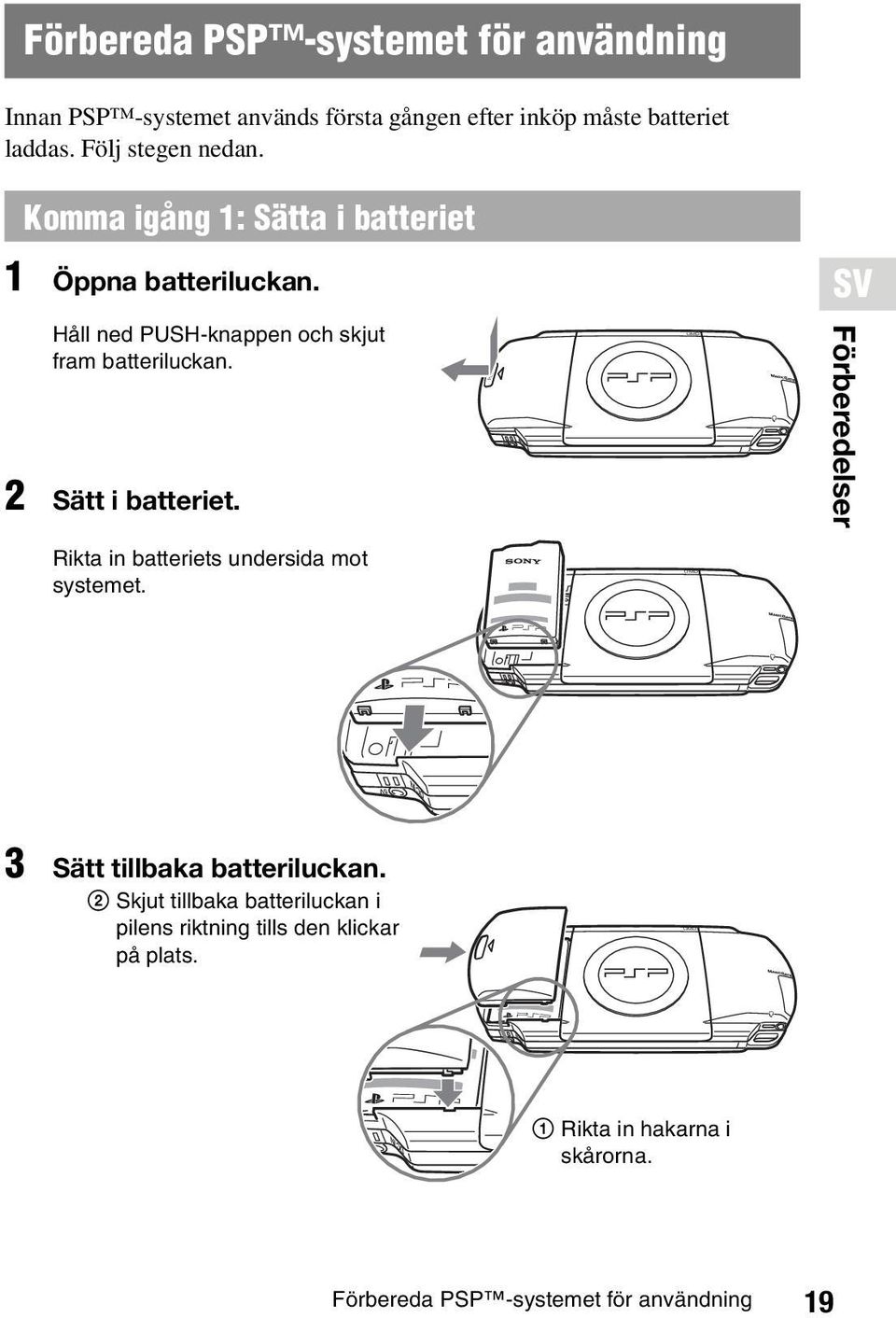 2 Sätt i batteriet. PUSH Förberedelser Rikta in batteriets undersida mot systemet. PUSH 3 Sätt tillbaka batteriluckan.