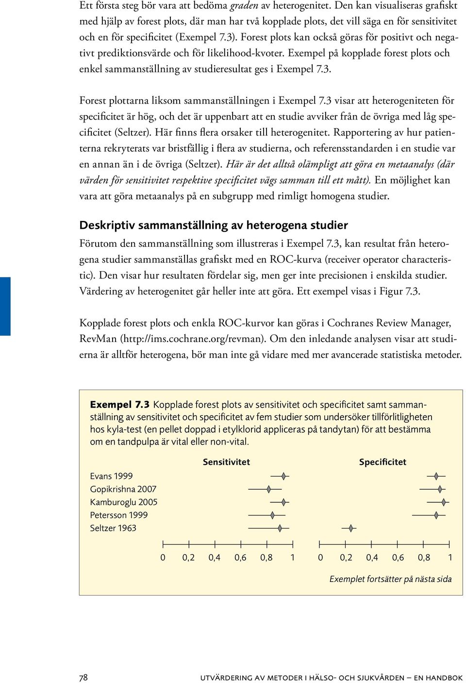 Forest plots kan också göras för positivt och negativt prediktionsvärde och för likelihood-kvoter. Exempel på kopplade forest plots och enkel sammanställning av studieresultat ges i Exempel 7.3.