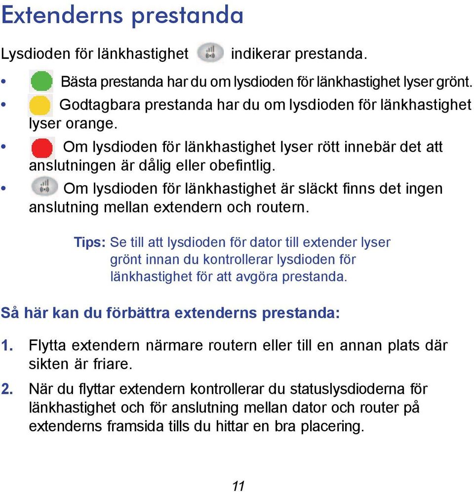 Om lysdioden för länkhastighet är släckt finns det ingen anslutning mellan extendern och routern.