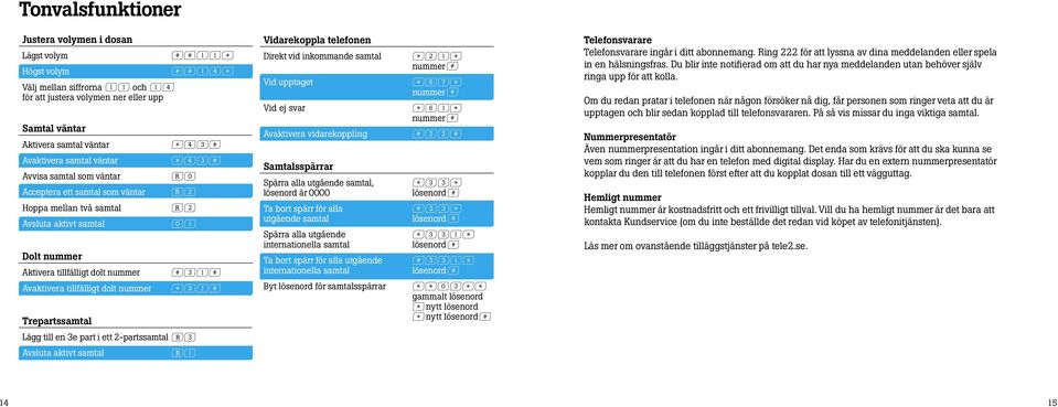 tillfälligt dolt nummer Trepartssamtal f31f s31f Vidarekoppla telefonen Direkt vid inkommande samtal Vid upptaget Vid ej svar Avaktivera vidarekoppling Samtalsspärrar Spärra alla utgående samtal,