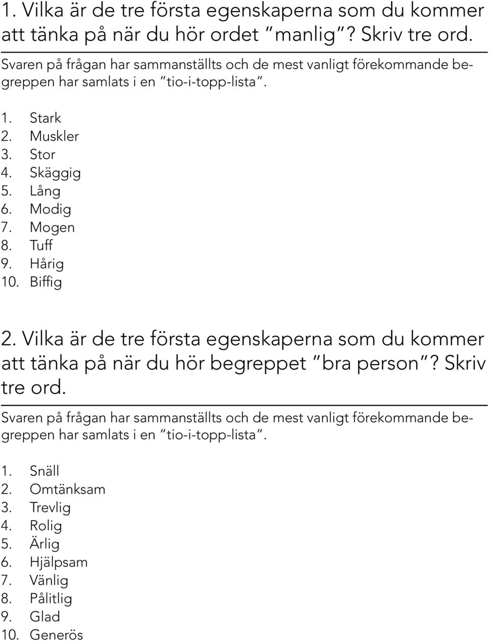 Lång 6. Modig 7. Mogen 8. Tuff 9. Hårig 10. Biffig 2. Vilka är de tre första egenskaperna som du kommer att tänka på när du hör begreppet bra person?