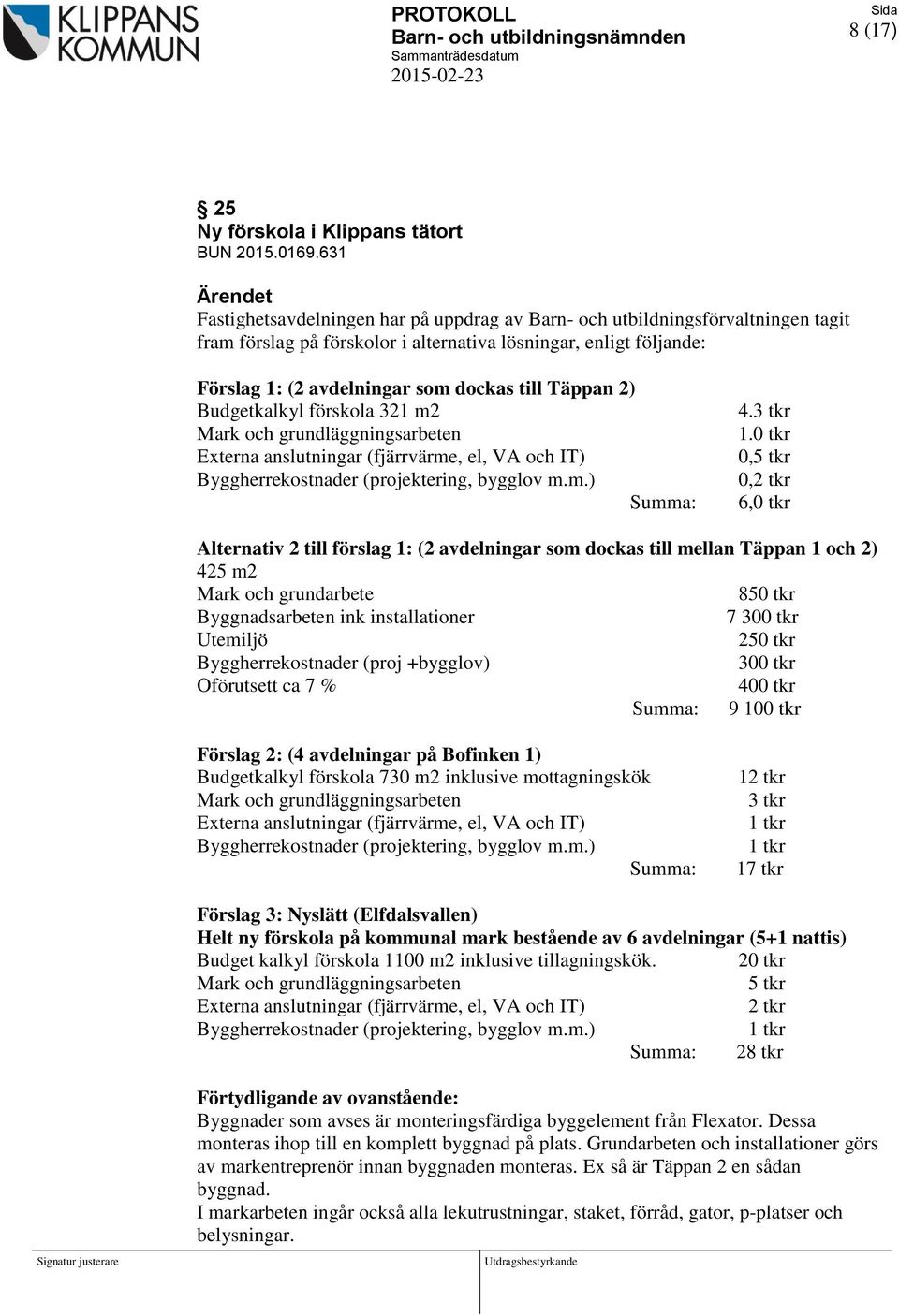 Täppan 2) Budgetkalkyl förskola 321 m2 Mark och grundläggningsarbeten Externa anslutningar (fjärrvärme, el, VA och IT) Byggherrekostnader (projektering, bygglov m.m.) Summa: 4.3 tkr 1.