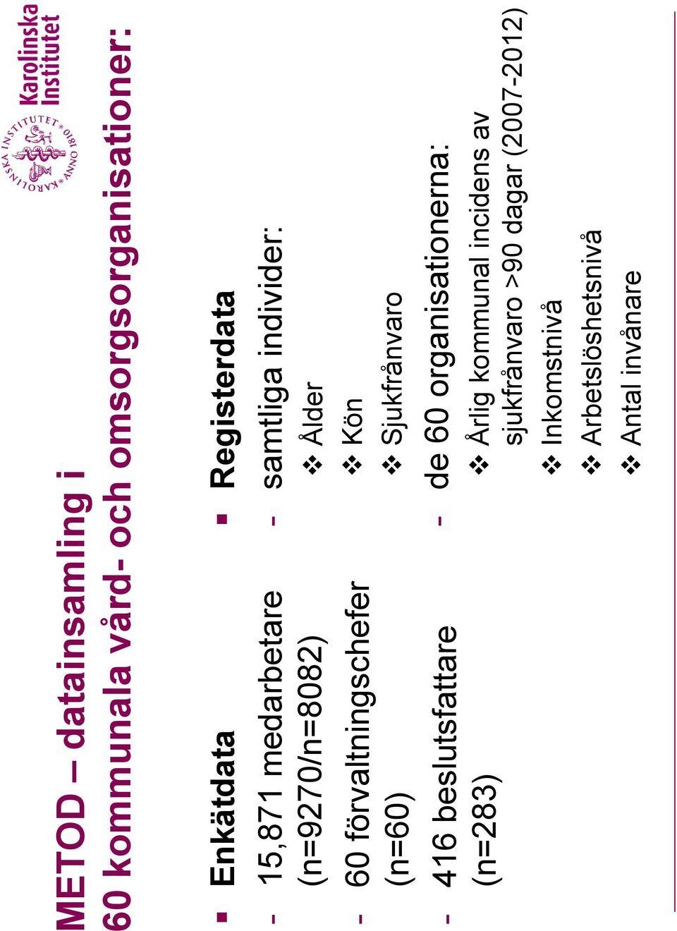 Registerdata - samtliga individer: Ålder Kön Sjukfrånvaro - de 60 organisationerna: Årlig