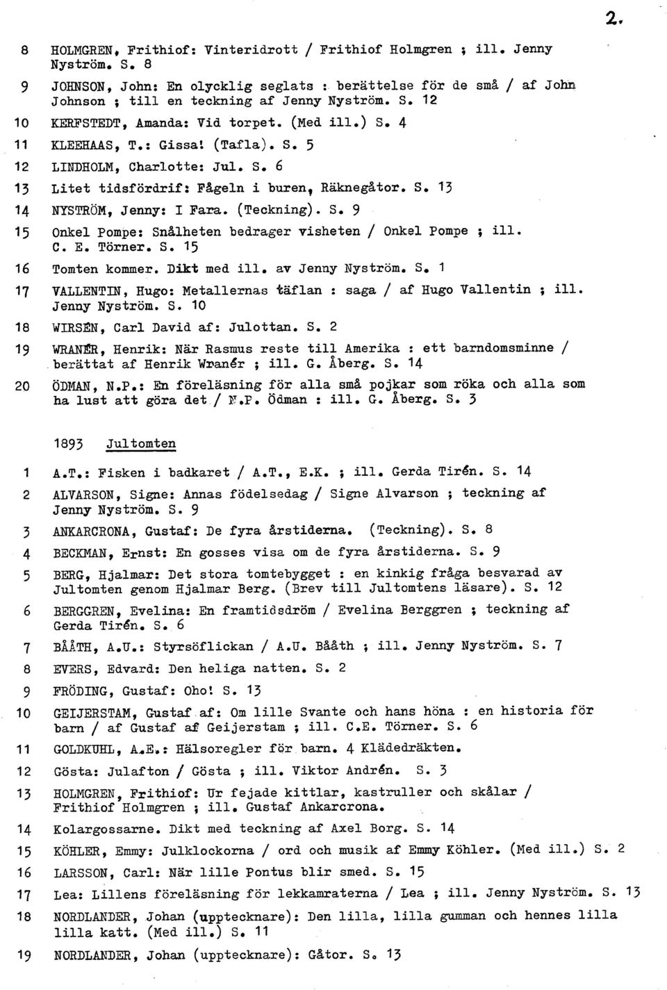 C. E. Tösner. S. 15 Tomten kommer. Dikt med ille av Jenny Nyström. S. 1 VALLENTIN, Hugo: Metallernas taflan : saga / af Bugo Vallentin ; ill. Jenny Nyström. S. 10 WIRSEN, Carl David af: Julottan. S. 2 WRANl!