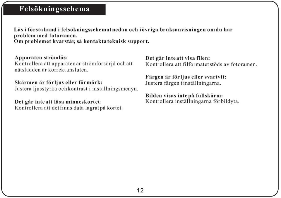 Skärmen är för ljus eller för mörk: Justera ljusstyrka och kontrast i inställningsmenyn.