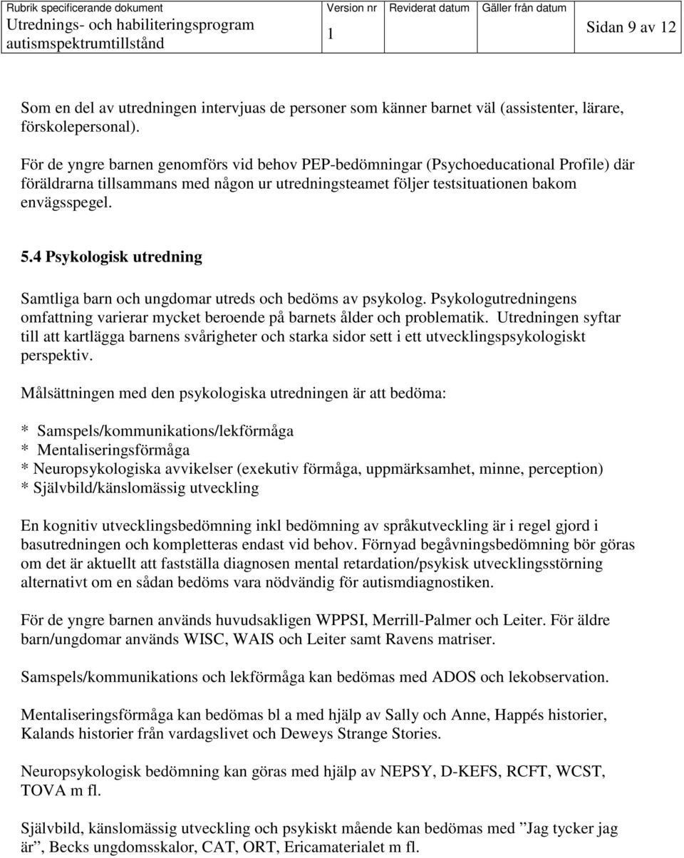 4 Psykologisk utredning Samtliga barn och ungdomar utreds och bedöms av psykolog. Psykologutredningens omfattning varierar mycket beroende på barnets ålder och problematik.