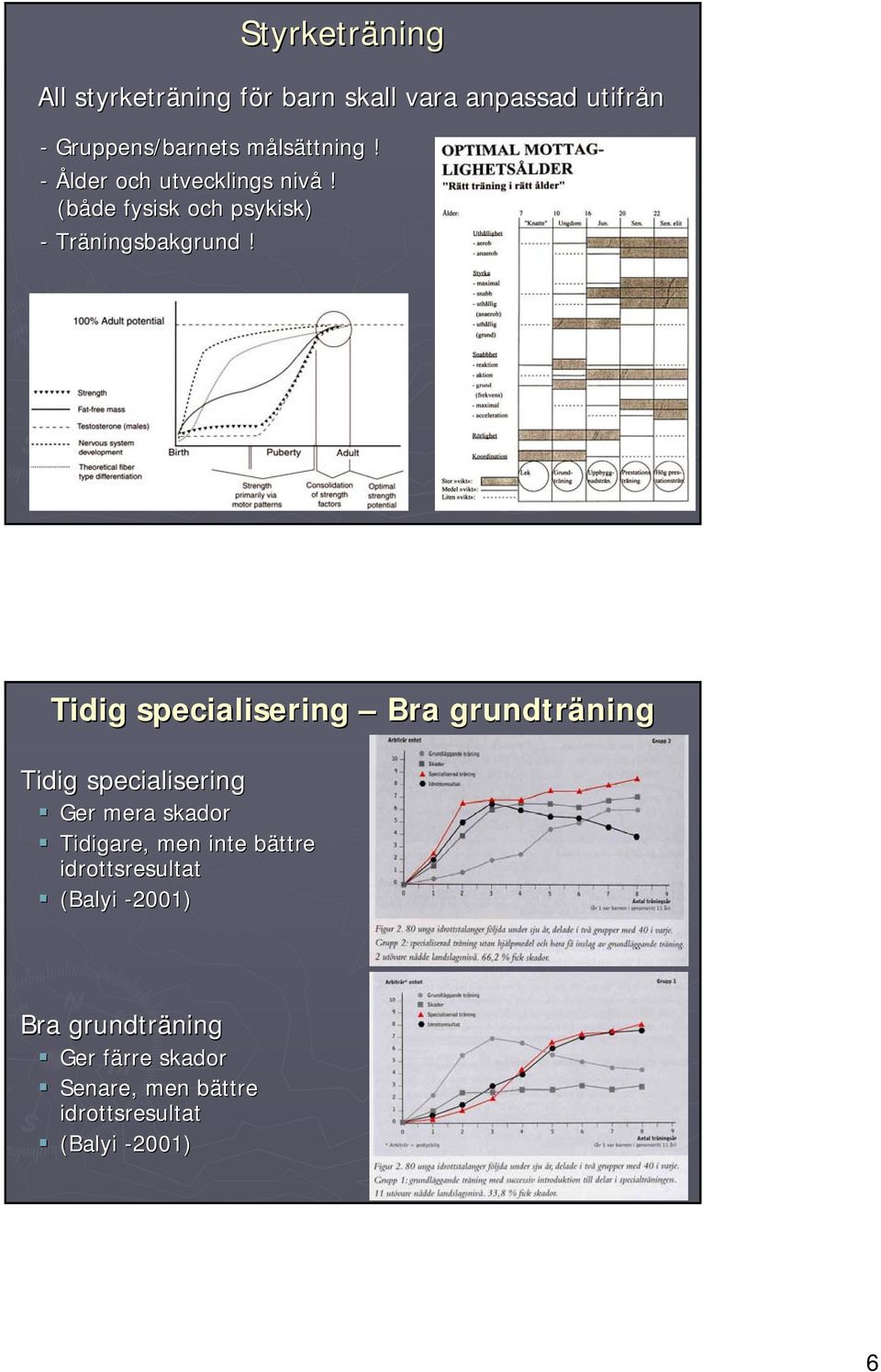 Tidig specialisering Bra grundträning ning Tidig specialisering Ger mera skador Tidigare, men inte