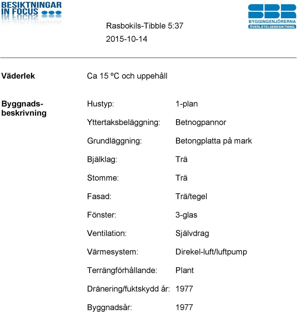 Terrängförhållande: Dränering/fuktskydd år: Byggnadsår: 1-plan Betnogpannor