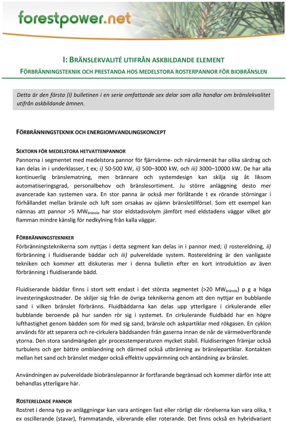 FÖRBRÄNNINGSTEKNIK OCH ENERGIOMVANDLINGSKONCEPT SEKTORN FÖR MEDELSTORA HETVATTENPANNOR Pannorna i segmentet med medelstora pannor för fjärrvärme och närvärmenät har olika särdrag och kan delas in i