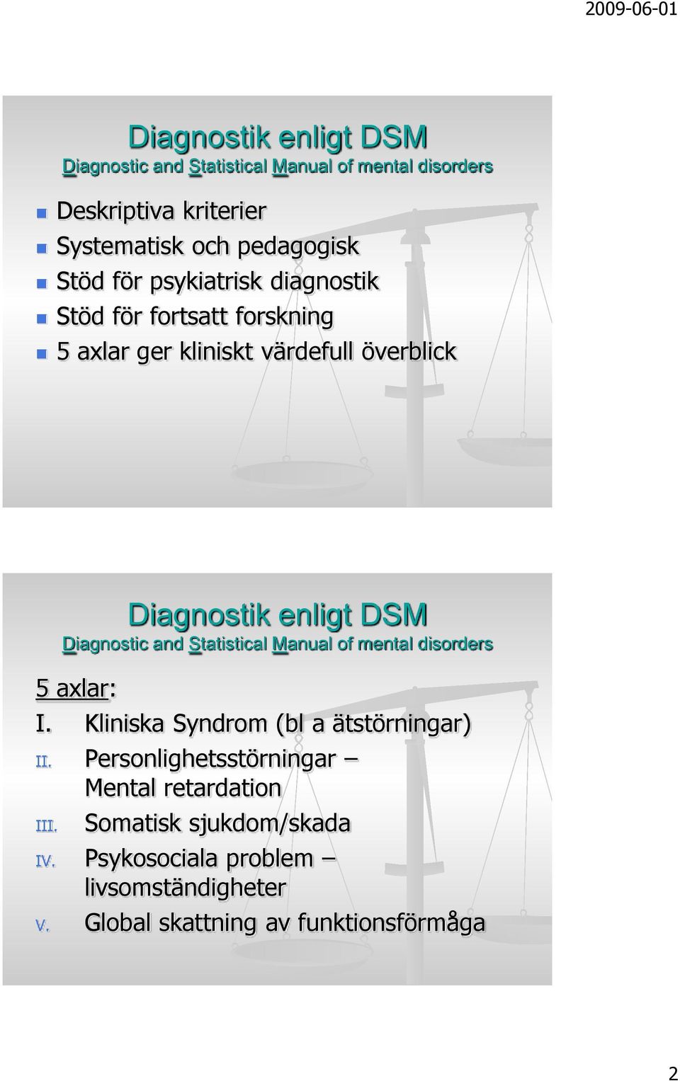 Diagnostic and Statistical Manual of mental disorders 5 axlar: I. Kliniska Syndrom (bl a ätstörningar) II.