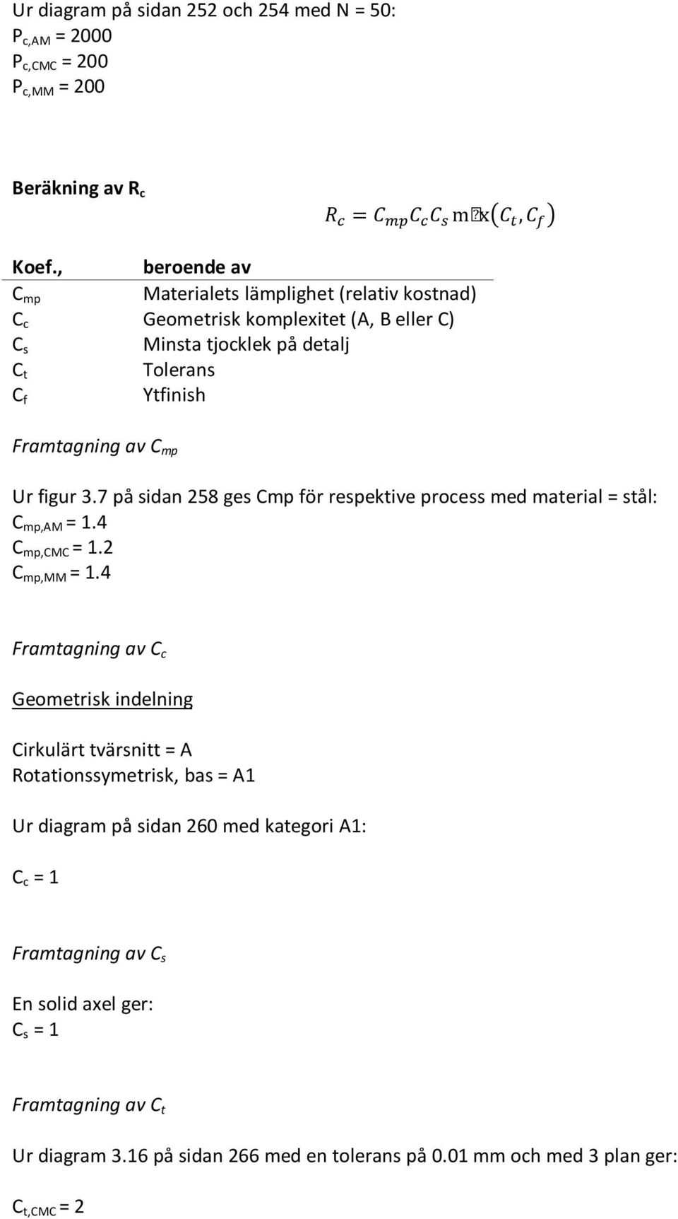 mp Ur figur 3.7 på sidan 258 ges Cmp för respektive process med material = stål: C mp,am = 1.4 C mp,cmc = 1.2 C mp,mm = 1.