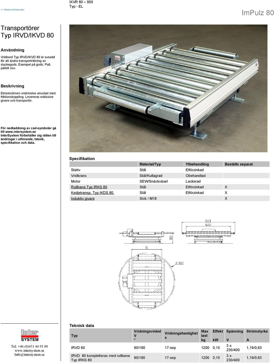 till Material/ Ytbehandling Beställs separat Stativ Stål Elförzinkad Vridkrans Stål/Kullagrad Obehandlad Motor SEW/Snäckväxel Lackerad Rullbana IRKS 80 Stål Elförzinkad X Kedjetransp.