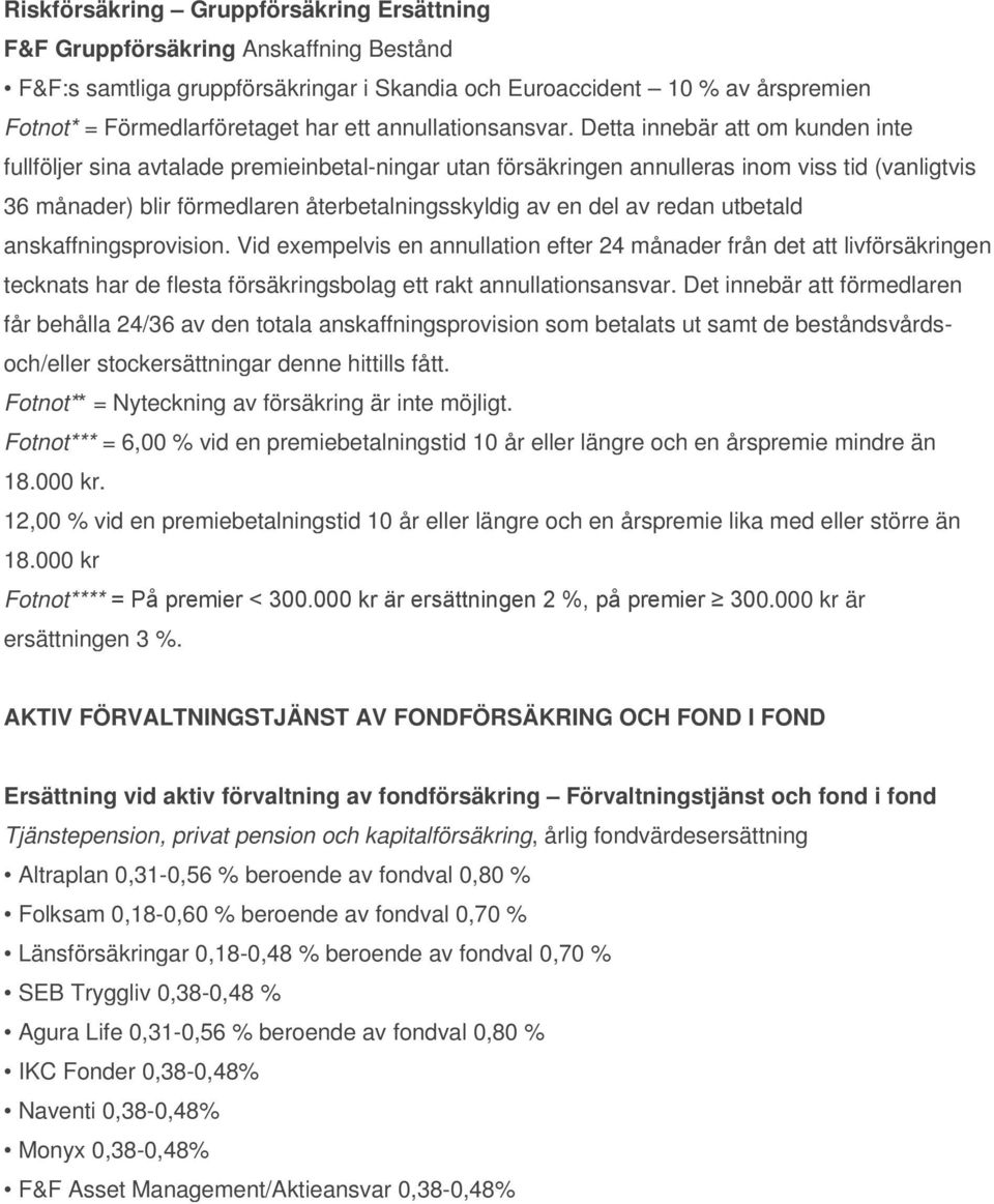 Detta innebär att om kunden inte fullföljer sina avtalade premieinbetal-ningar utan försäkringen annulleras inom viss tid (vanligtvis 36 månader) blir förmedlaren återbetalningsskyldig av en del av