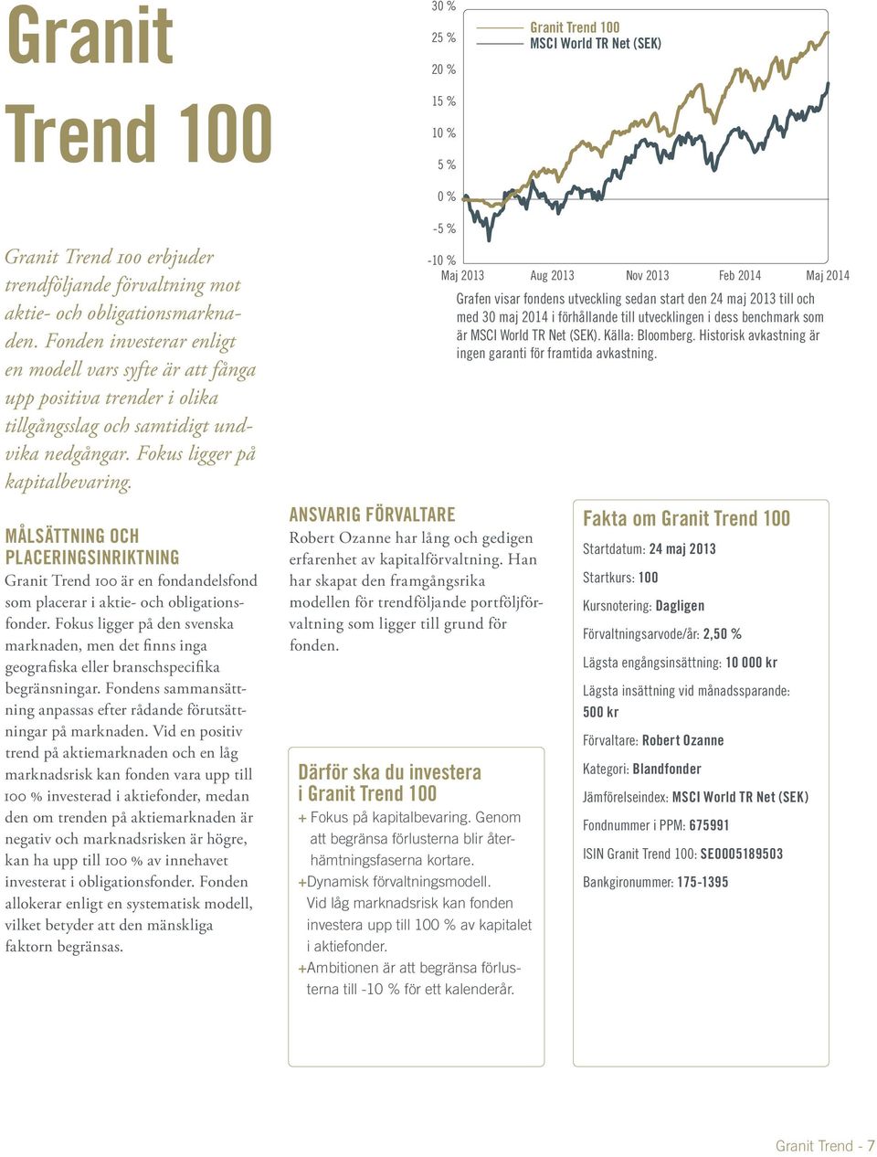 Målsättning och placeringsinriktning Granit Trend 100 är en fondandelsfond som placerar i aktie- och obligationsfonder.