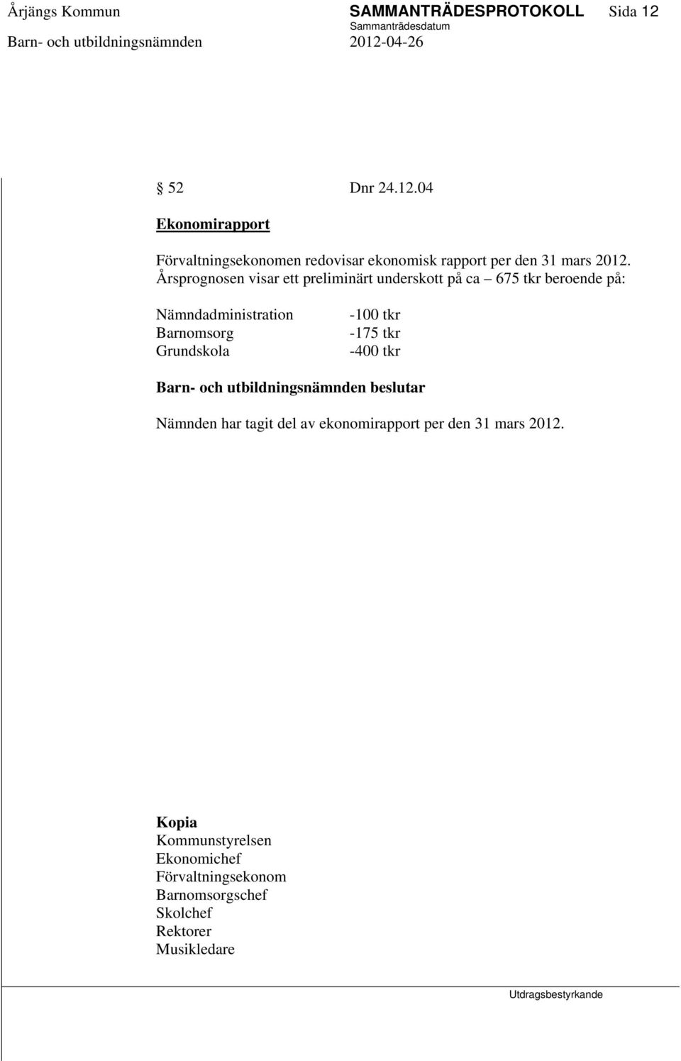 Årsprognosen visar ett preliminärt underskott på ca 675 tkr beroende på: Nämndadministration Barnomsorg Grundskola -100