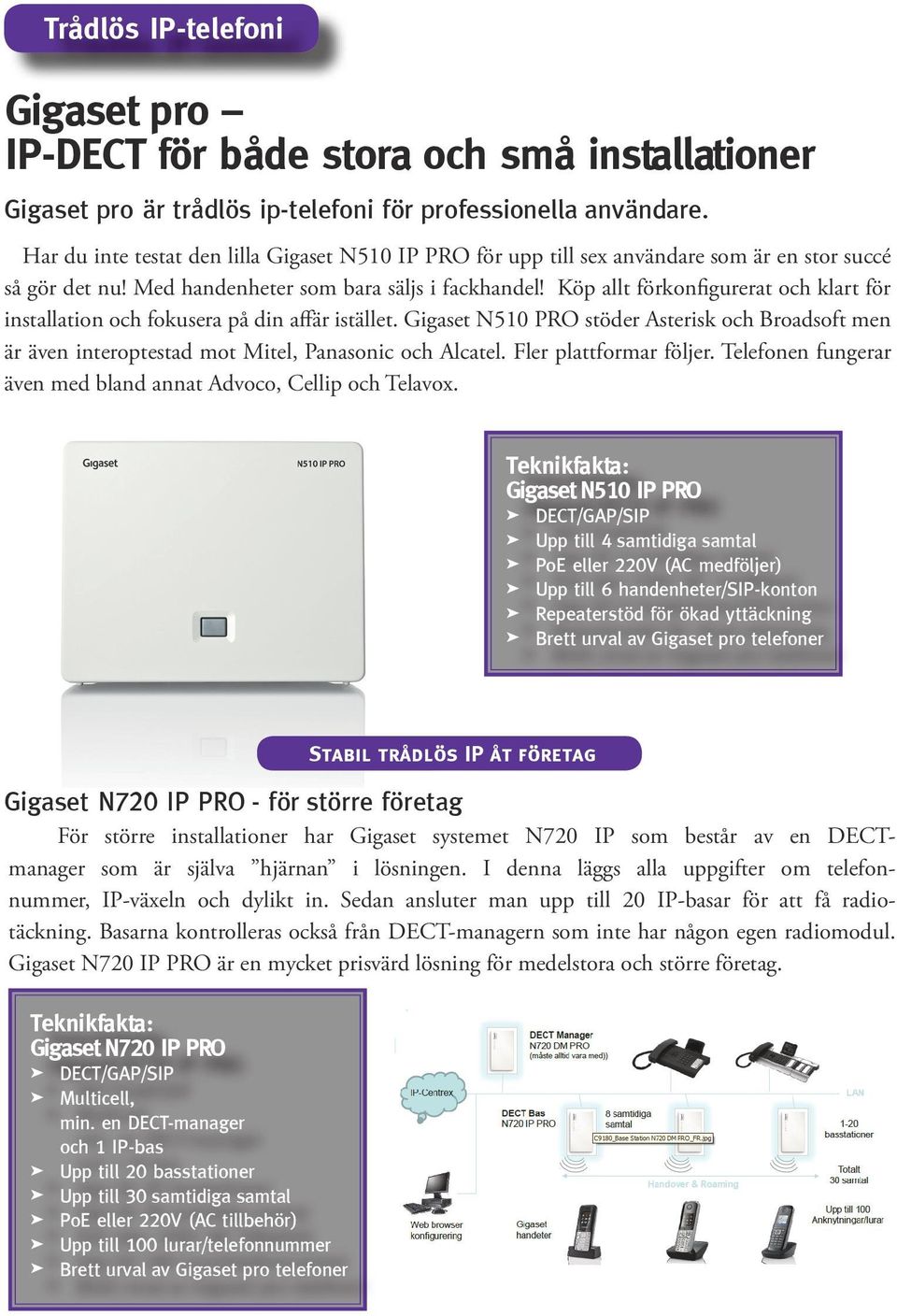 Köp allt förkonfigurerat och klart för installation och fokusera på din affär istället. Gigaset N510 PRO stöder Asterisk och Broadsoft men är även interoptestad mot Mitel, Panasonic och Alcatel.