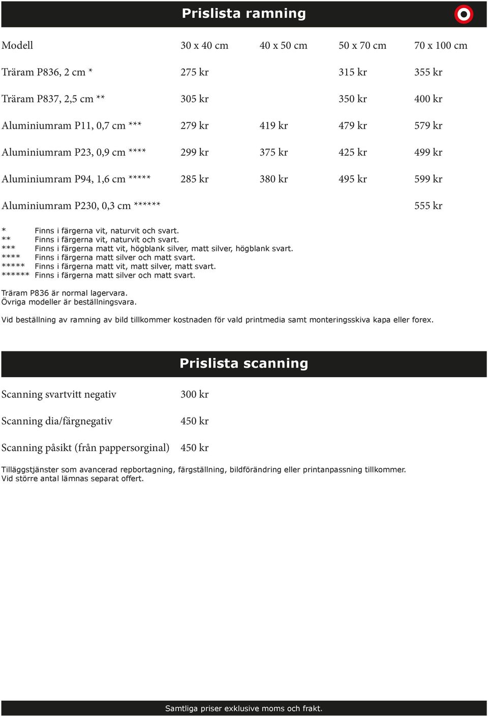 ** Finns i färgerna vit, naturvit och svart. *** Finns i färgerna matt vit, högblank silver, matt silver, högblank svart. **** Finns i färgerna matt silver och matt svart.