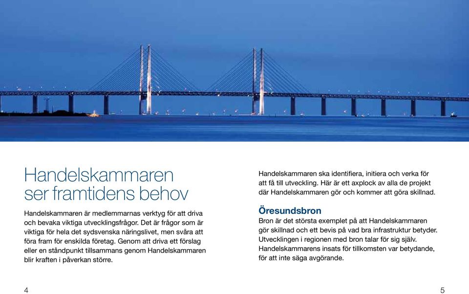 Genom att driva ett förslag eller en ståndpunkt tillsammans genom Handelskammaren blir kraften i påverkan större. Handelskammaren ska identifiera, initiera och verka för att få till utveckling.