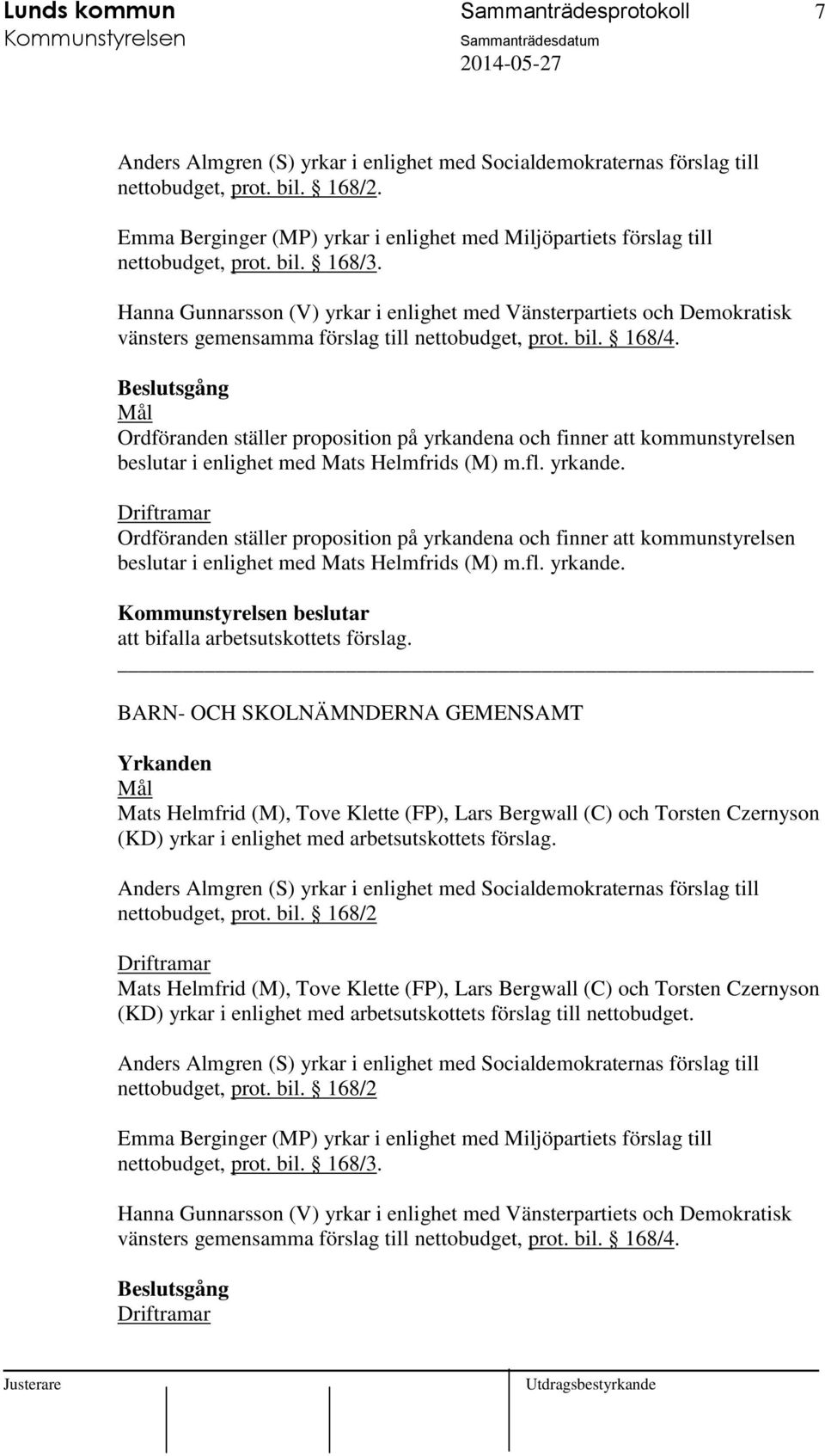 beslutar BARN- OCH SKOLNÄMNDERNA GEMENSAMT nettobudget, prot. bil. 168/2 (KD) yrkar i enlighet med arbetsutskottets förslag till nettobudget.