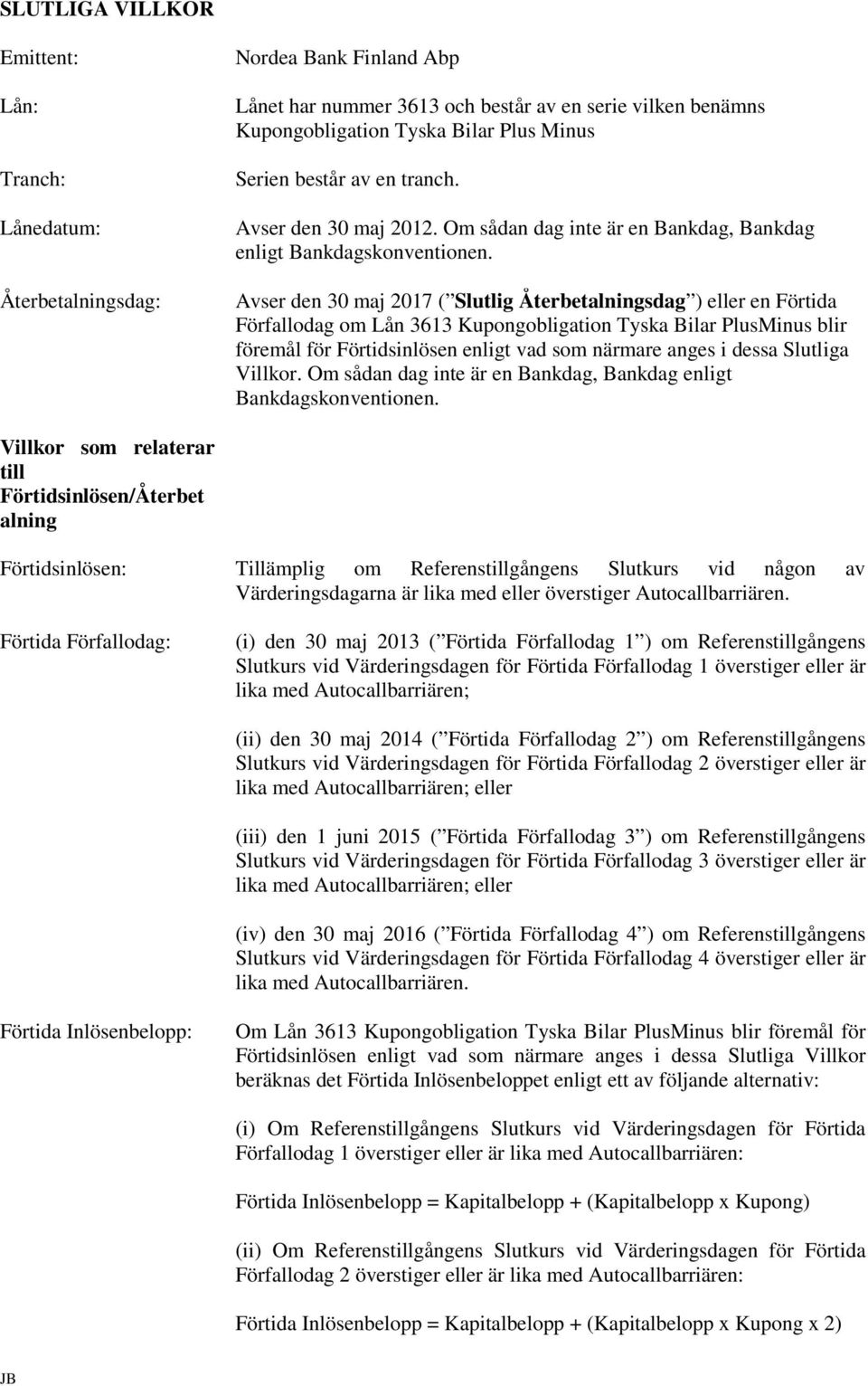 Avser den 30 maj 2017 ( Slutlig Återbetalningsdag ) eller en Förtida Förfallodag om Lån 3613 Kupongobligation Tyska Bilar PlusMinus blir föremål för Förtidsinlösen enligt vad som närmare anges i