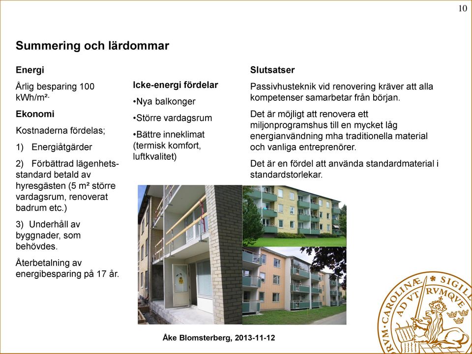 Icke-energi fördelar Nya balkonger Större vardagsrum Bättre inneklimat (termisk komfort, luftkvalitet) Slutsatser Passivhusteknik vid renovering kräver att alla kompetenser