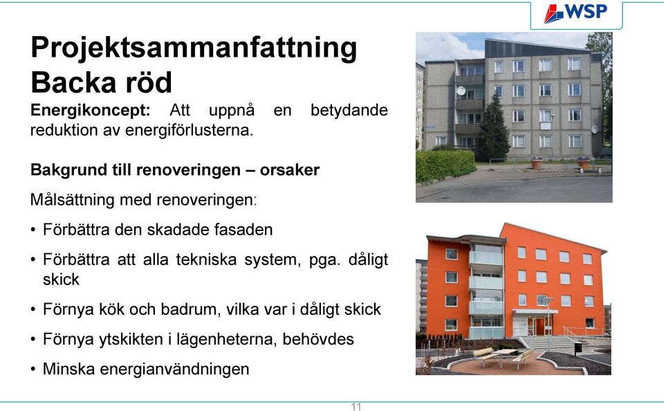 Bakgrund till renoveringen orsaker Målsättning med renoveringen: Förbättra den skadade