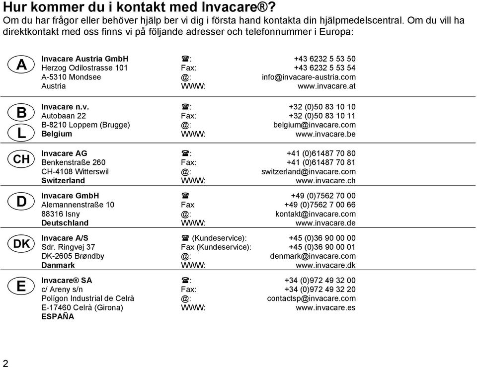 Ringvej 37 DK-2605 Brøndby Danmark Invacare SA c/ Areny s/n Polígon Industrial de Celrà E-17460 Celrà (Girona) ESPAÑA : +43 6232 5 53 50 Fax: +43 6232 5 53 54 info@invacare-