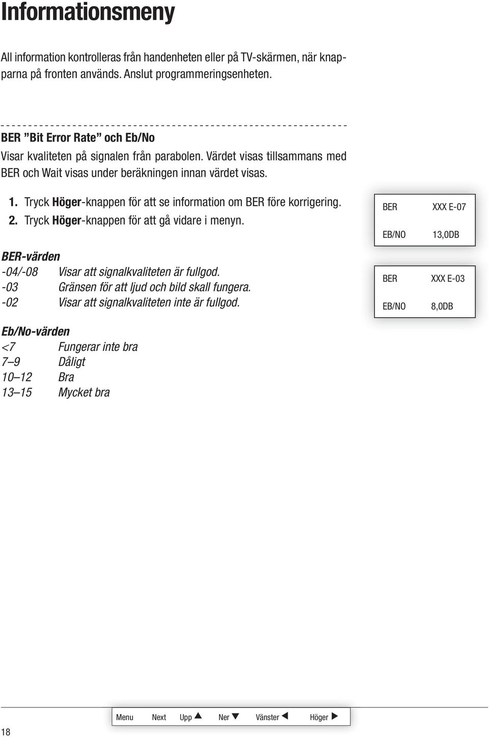 Tryck Höger-knappen för att se information om BER före korrigering. Tryck Höger-knappen för att gå vidare i menyn.