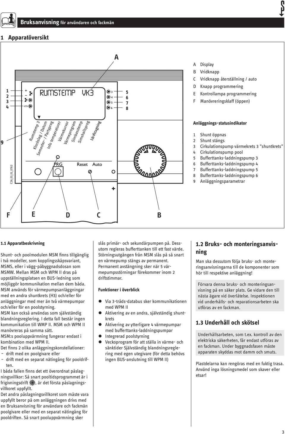 Anläggnings-statusindikator 1 Shunt öppnas 2 Shunt stängs 3 Cirkulationspump värmekrets 3 shuntkrets 4 Cirkulationspump pool 5 Bufferttanks-laddningspump 3 6 Bufferttanks-laddningspump 4 7