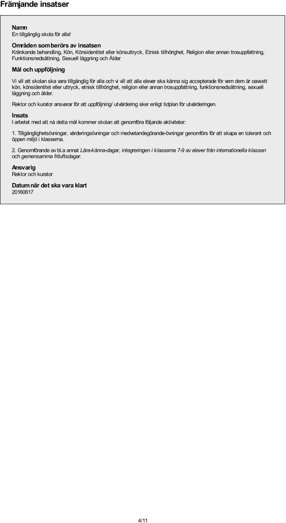 Mål och uppföljning Vi vill att skolan ska vara tillgänglig för alla och vi vill att alla elever ska känna sig accepterade för vem dem är oavsett kön, könsidentitet eller uttryck, etnisk