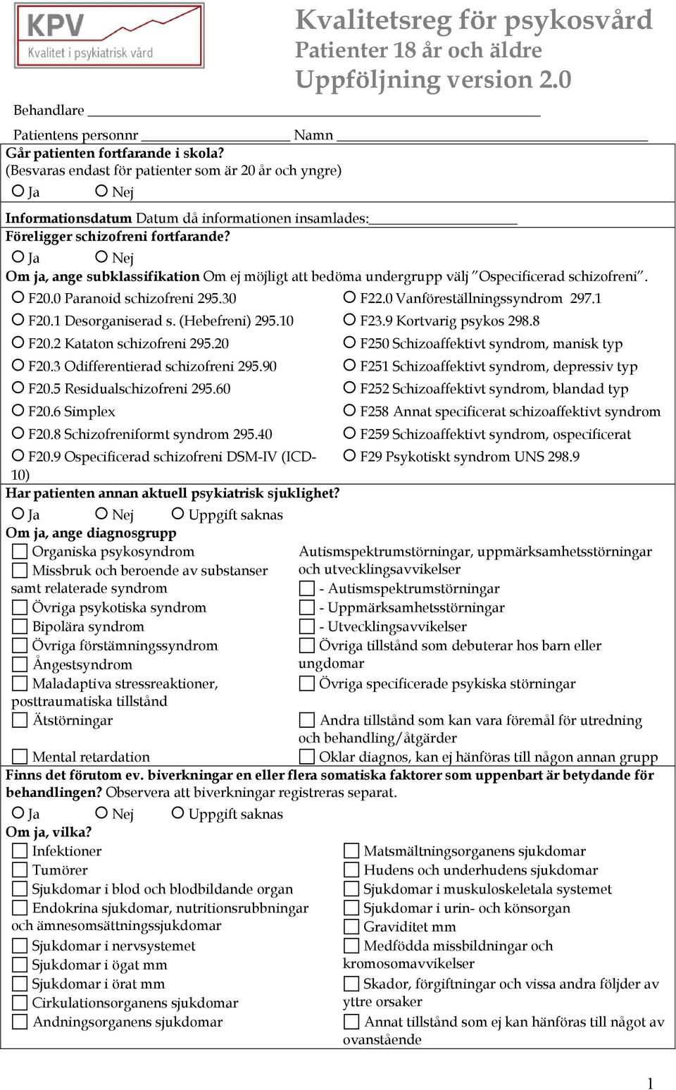 Om ja, ange subklassifikation Om ej möjligt att bedöma undergrupp välj Ospecificerad schizofreni. F20.0 Paranoid schizofreni 295.30 F22.0 Vanföreställningssyndrom 297.1 F20.1 Desorganiserad s.