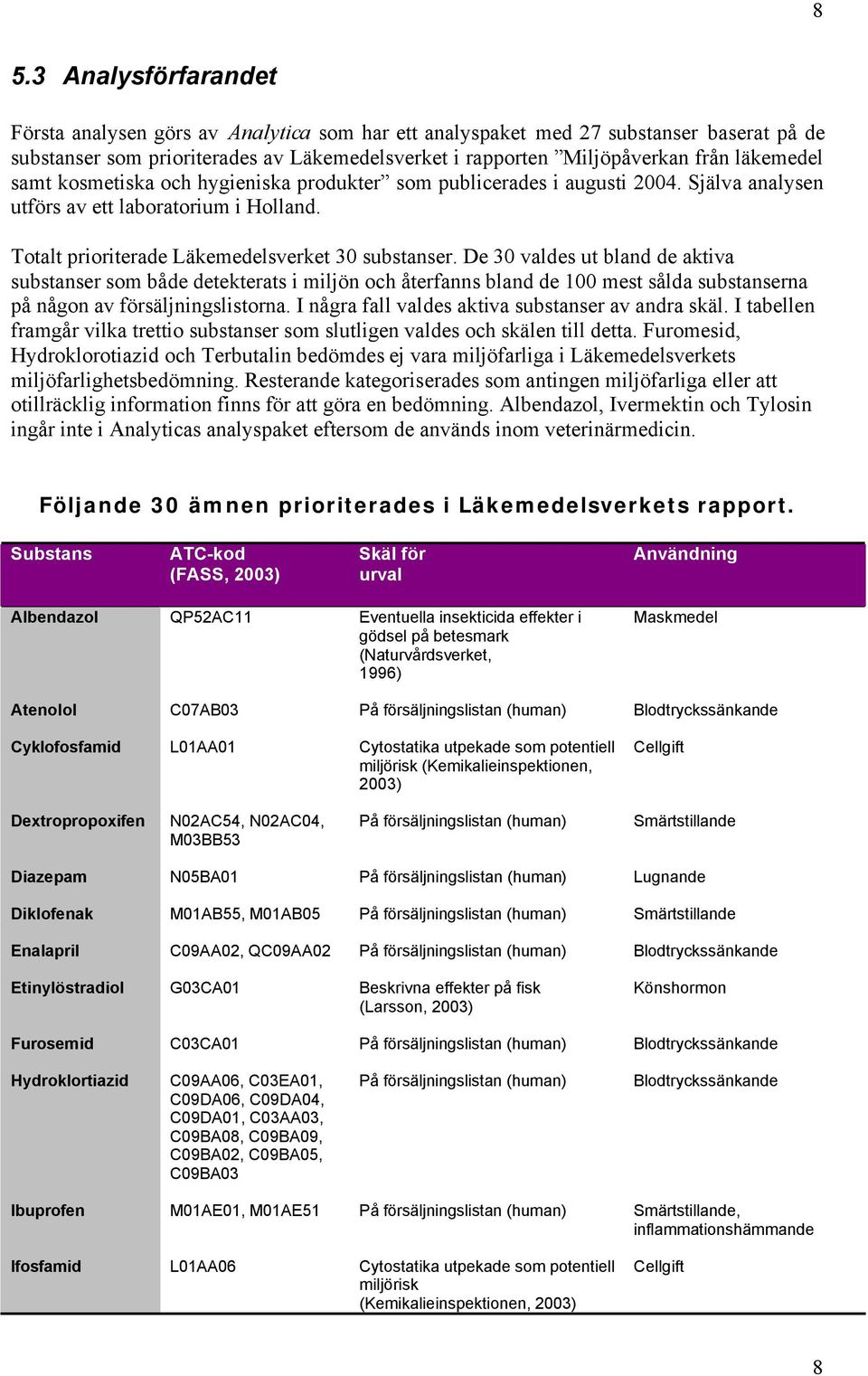 De 30 valdes ut bland de aktiva substanser som både detekterats i miljön och återfanns bland de 100 mest sålda substanserna på någon av försäljningslistorna.