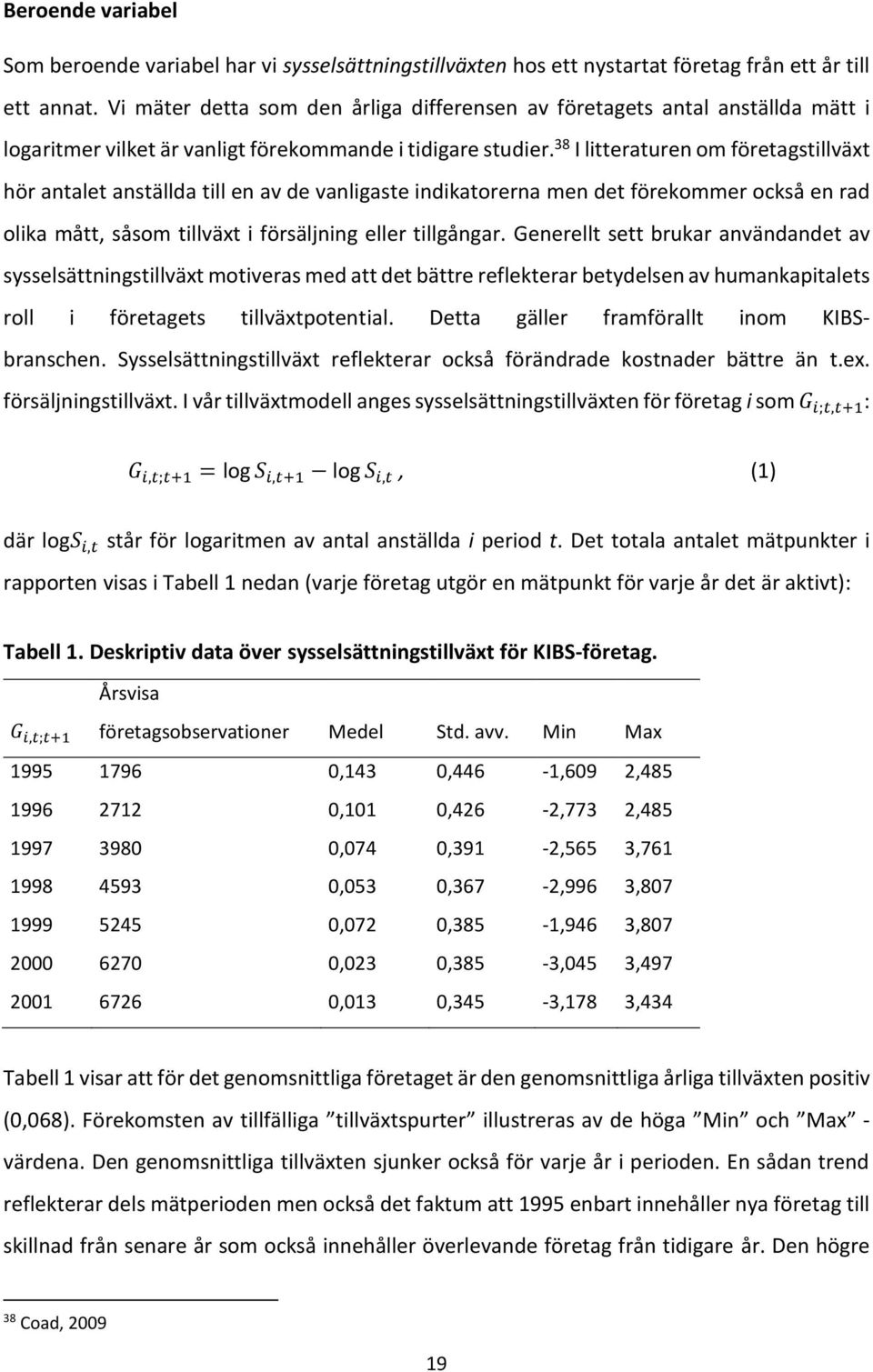 38 I litteraturen om företagstillväxt hör antalet anställda till en av de vanligaste indikatorerna men det förekommer också en rad olika mått, såsom tillväxt i försäljning eller tillgångar.