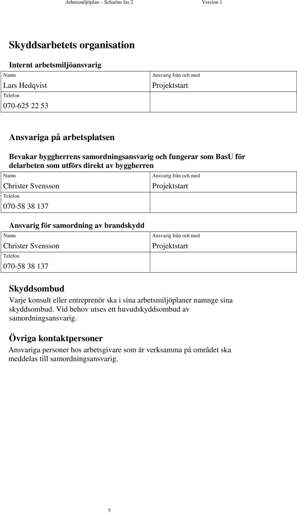 samordning av brandskydd Namn Christer Svensson Telefon 070-58 38 137 Ansvarig från och med Projektstart Skyddsombud Varje konsult eller entreprenör ska i sina arbetsmiljöplaner namnge