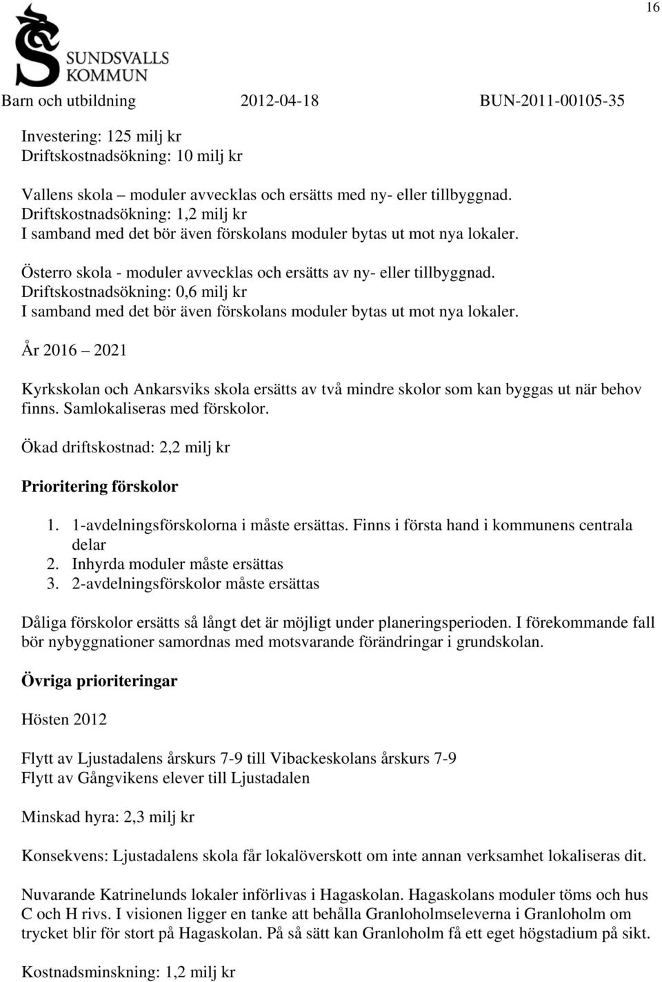 Driftskostnadsökning: 0,6 milj kr I samband med det bör även förskolans moduler bytas ut mot nya lokaler.