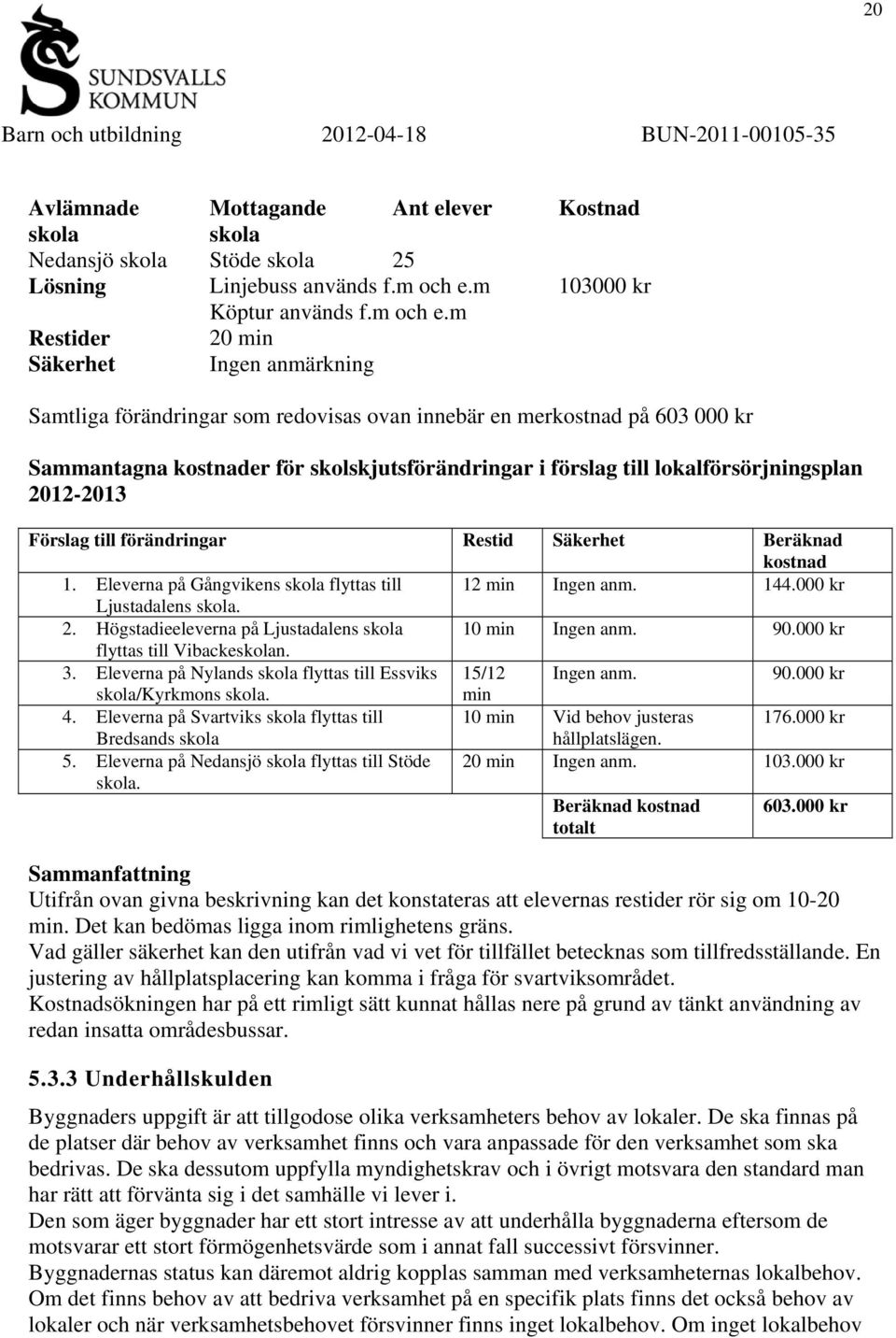 m Restider 20 min Säkerhet Ingen anmärkning Kostnad 103000 kr Samtliga förändringar som redovisas ovan innebär en merkostnad på 603 000 kr Sammantagna kostnader för skolskjutsförändringar i förslag