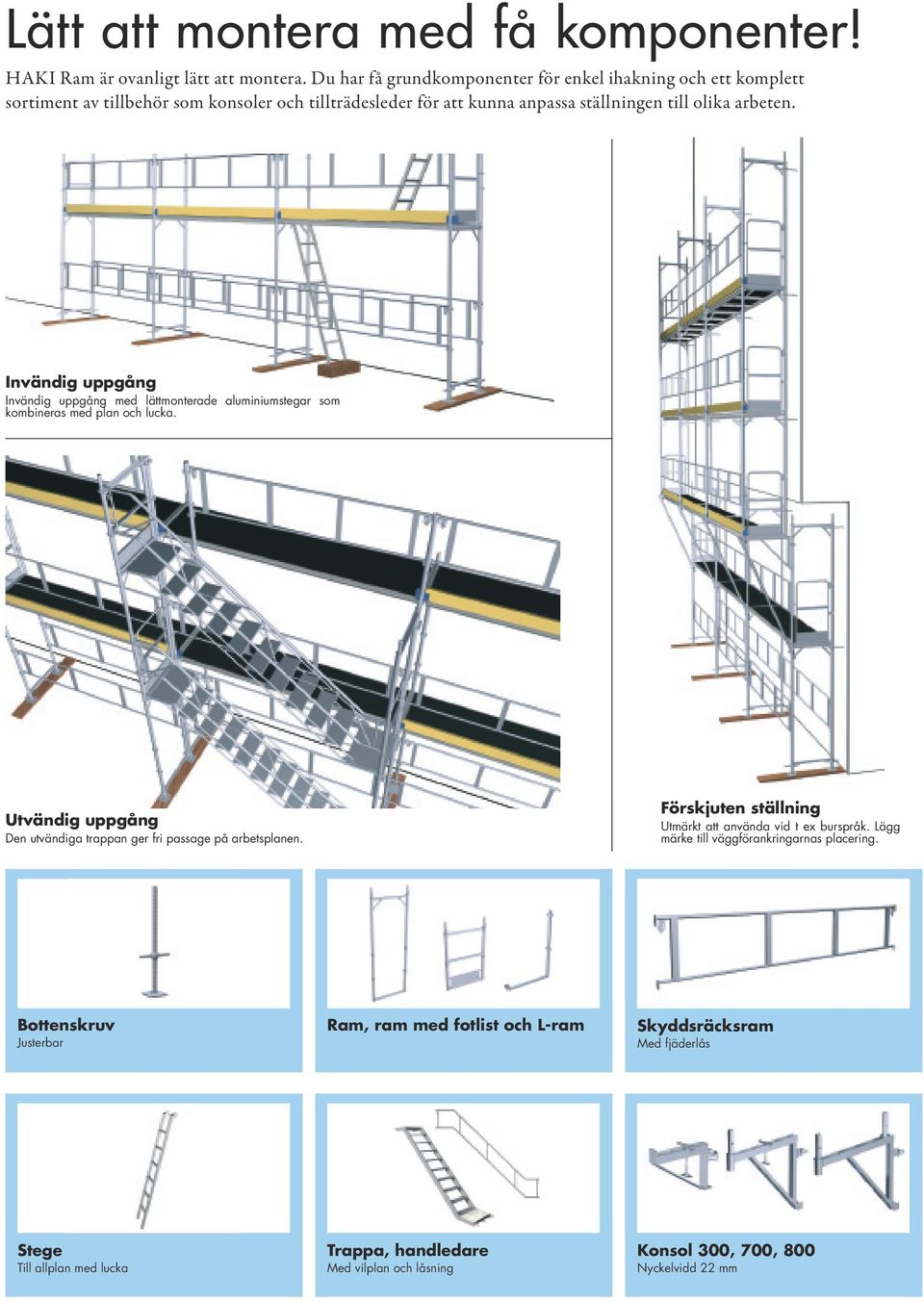 Invändig uppgång Invändig uppgång med lättmonterade aluminiumstegar som kombineras med plan och lucka. Utvändig uppgång Den utvändiga trappan ger fri passage på arbetsplanen.