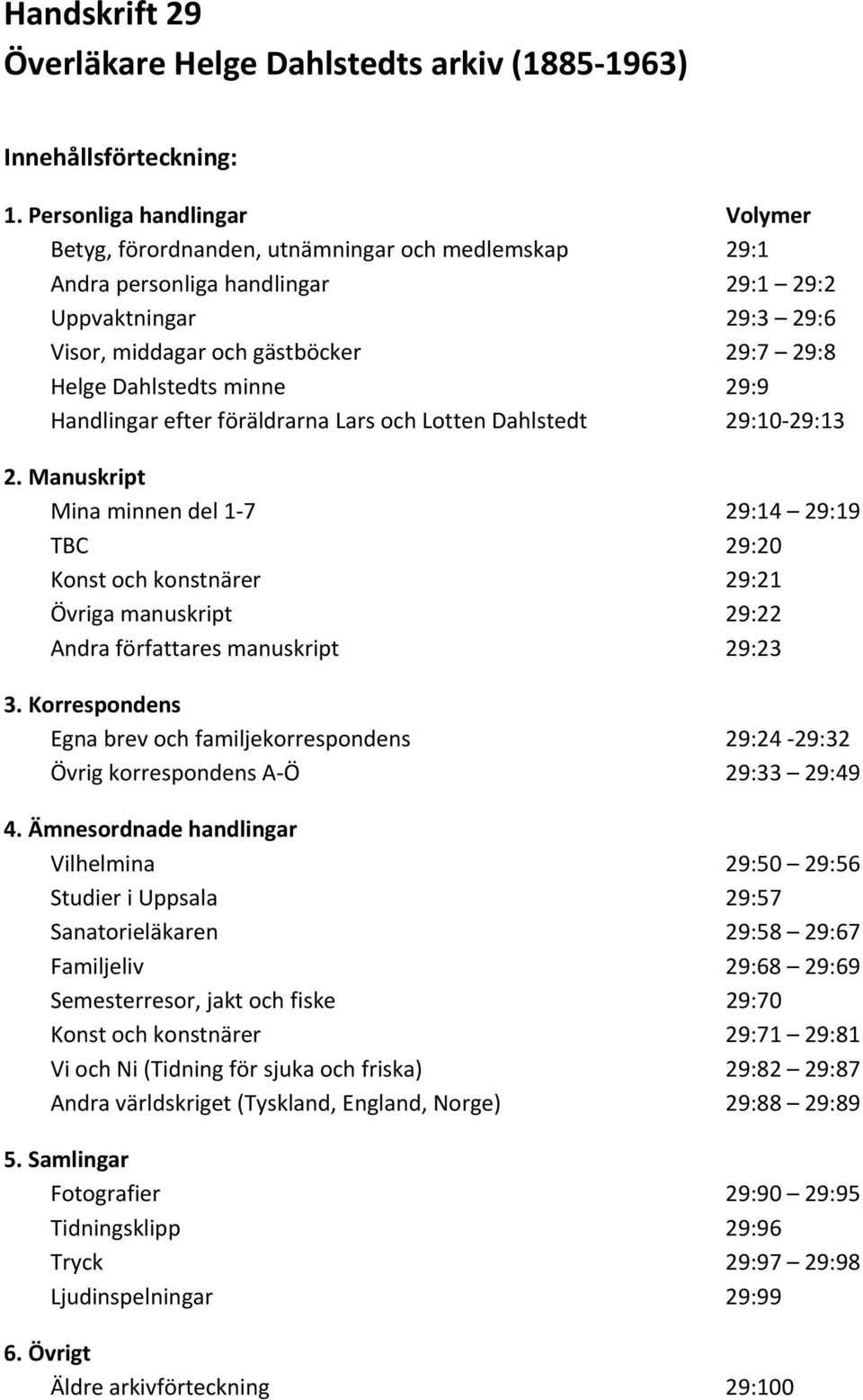 Dahlstedts minne 29:9 Handlingar efter föräldrarna Lars och Lotten Dahlstedt 29:10 29:13 2.