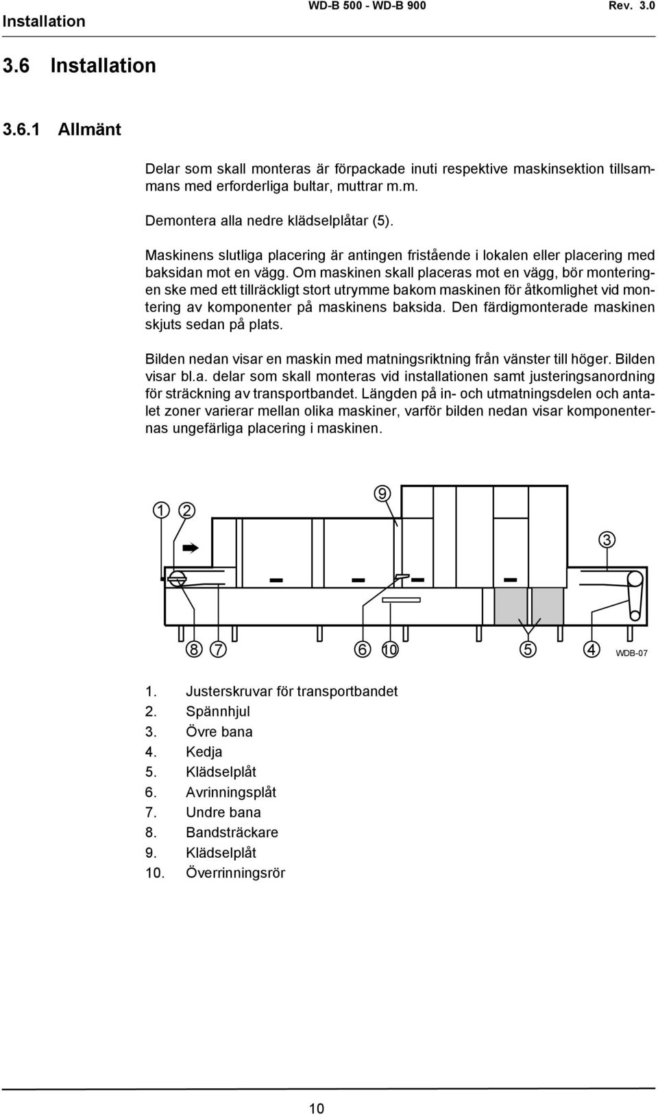 Om maskinen skall placeras mot en vägg, bör monteringen ske med ett tillräckligt stort utrymme bakom maskinen för åtkomlighet vid montering av komponenter på maskinens baksida.