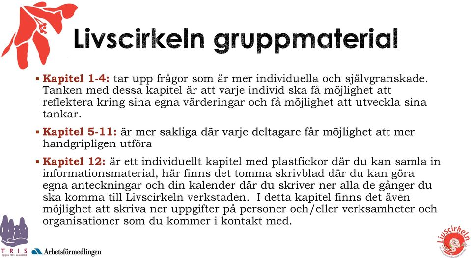 Kapitel 5-11: är mer sakliga där varje deltagare får möjlighet att mer handgripligen utföra Kapitel 12: är ett individuellt kapitel med plastfickor där du kan samla in