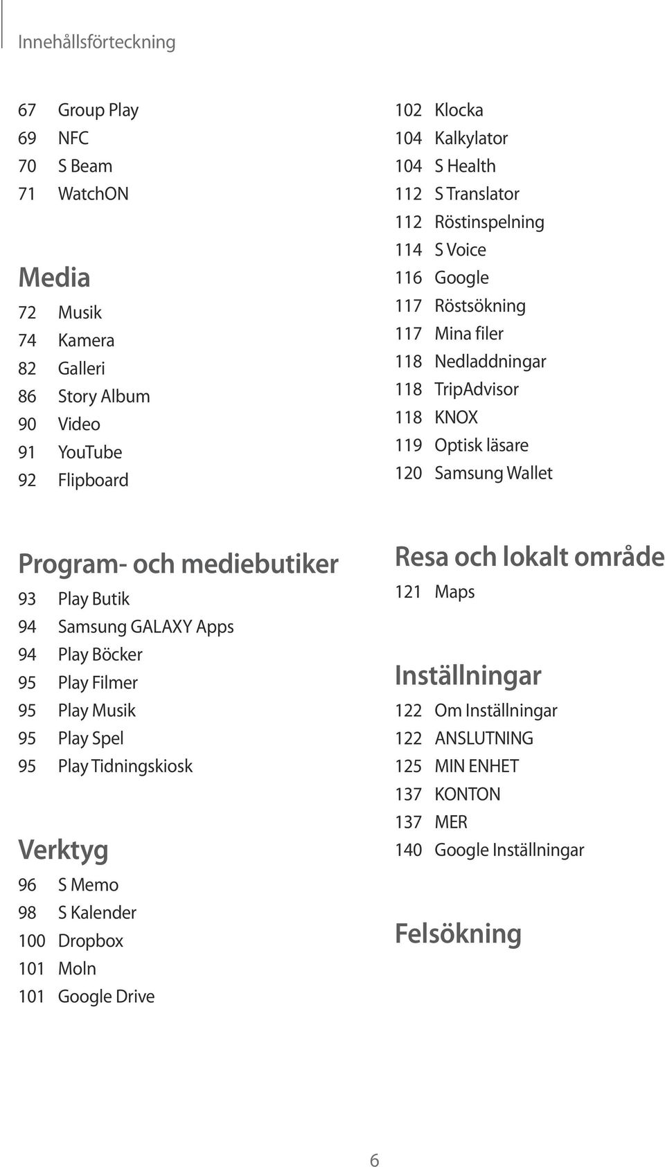 Program- och mediebutiker 93 Play Butik 94 Samsung GALAXY Apps 94 Play Böcker 95 Play Filmer 95 Play Musik 95 Play Spel 95 Play Tidningskiosk Verktyg 96 S Memo 98 S Kalender 100
