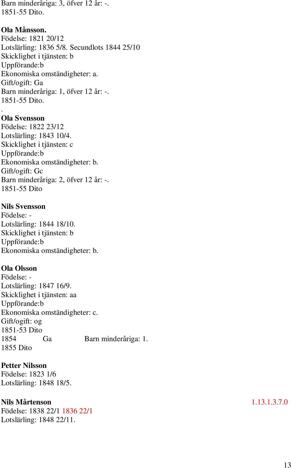 Gift/ogift: Gc Barn minderåriga: 2, öfver 12 år: -. 1851-55 Dito Nils Svensson Födelse: - Lotslärling: 1844 18/10. Skicklighet i tjänsten: b Uppförande:b Ekonomiska omständigheter: b.