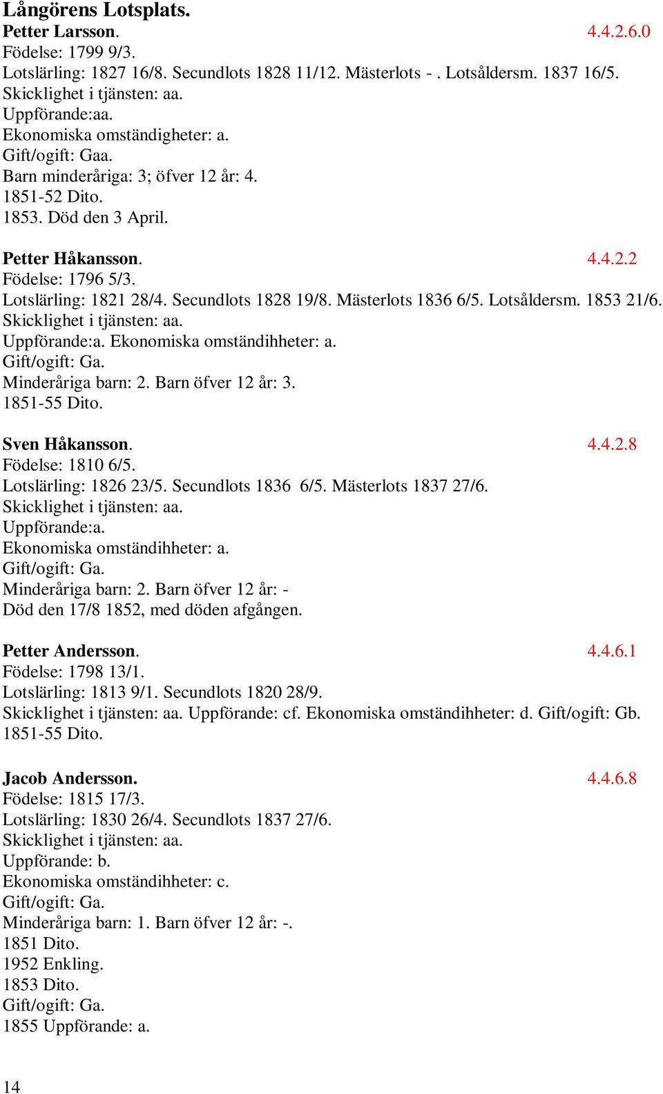 Secundlots 1828 19/8. Mästerlots 1836 6/5. Lotsåldersm. 1853 21/6. Skicklighet i tjänsten: aa. Uppförande:a. Ekonomiska omständihheter: a. Gift/ogift: Ga. Minderåriga barn: 2. Barn öfver 12 år: 3.