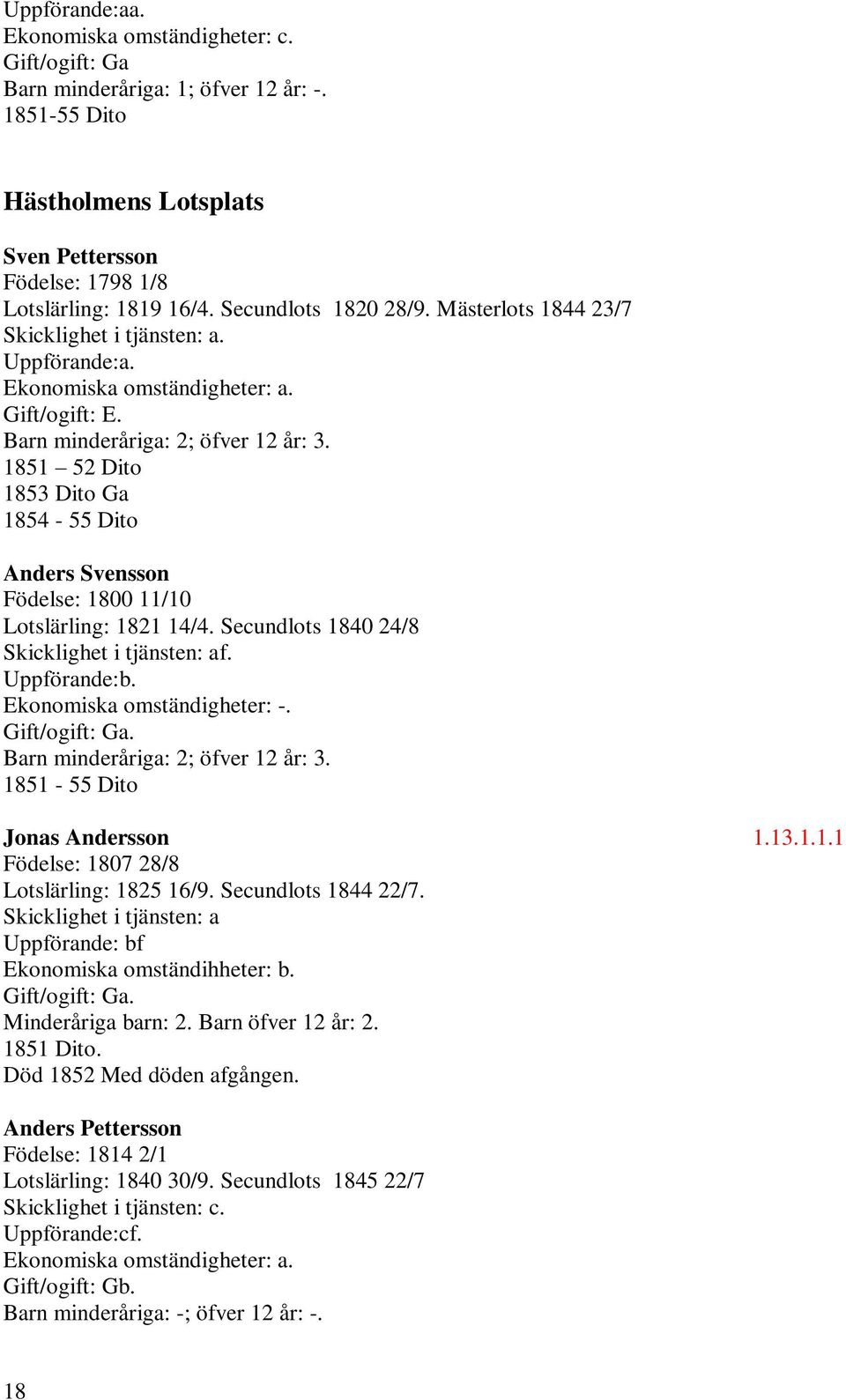 1851 52 Dito 1853 Dito Ga 1854-55 Dito Anders Svensson Födelse: 1800 11/10 Lotslärling: 1821 14/4. Secundlots 1840 24/8 Skicklighet i tjänsten: af. Uppförande:b. Ekonomiska omständigheter: -.