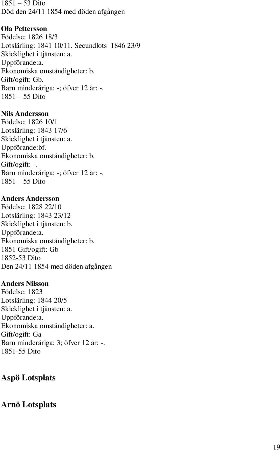 Ekonomiska omständigheter: b. Gift/ogift: -. Barn minderåriga: -; öfver 12 år: -. 1851 55 Dito Anders Andersson Födelse: 1828 22/10 Lotslärling: 1843 23/12 Skicklighet i tjänsten: b. Uppförande:a.