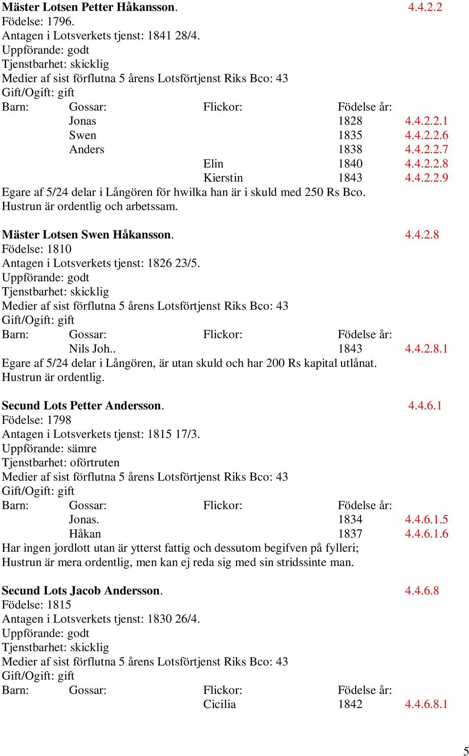 Mäster Lotsen Swen Håkansson. 4.4.2.8 Födelse: 1810 Antagen i Lotsverkets tjenst: 1826 23/5. Tjenstbarhet: skicklig Medier af sist förflutna 5 årens Lotsförtjenst Riks Bco: 43 Nils Joh.. 1843 4.4.2.8.1 Egare af 5/24 delar i Långören, är utan skuld och har 200 Rs kapital utlånat.