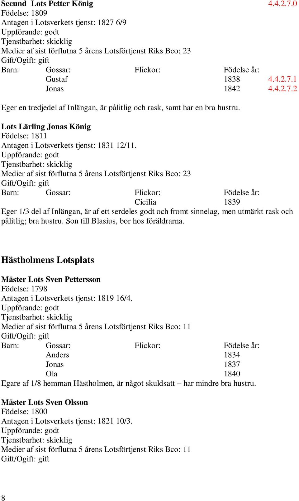 Tjenstbarhet: skicklig Medier af sist förflutna 5 årens Lotsförtjenst Riks Bco: 23 Cicilia 1839 Eger 1/3 del af Inlängan, är af ett serdeles godt och fromt sinnelag, men utmärkt rask och pålitlig;